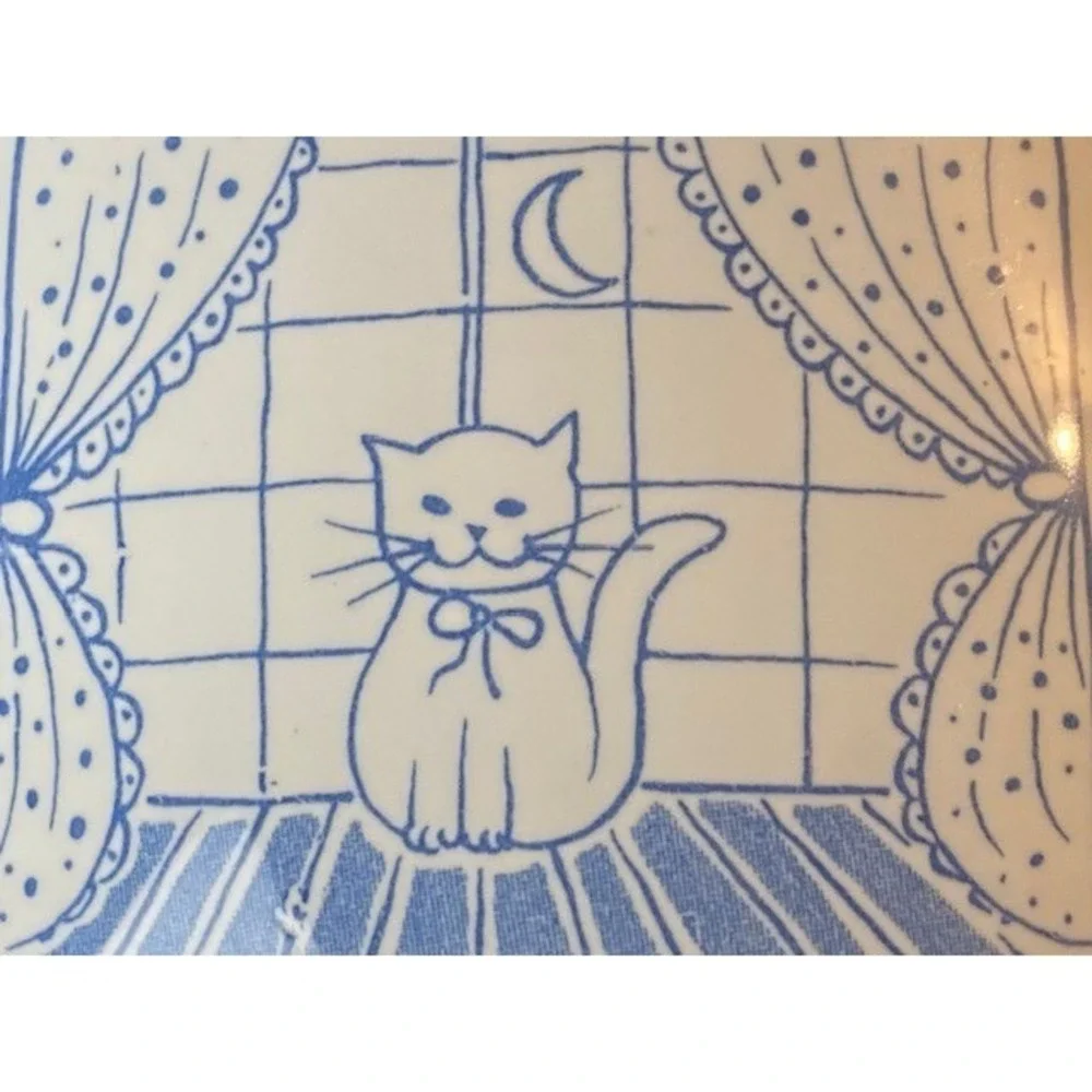 Vintage Lillian Vernon Cat in Window Ceramic Pitcher Made in Italy Blue White